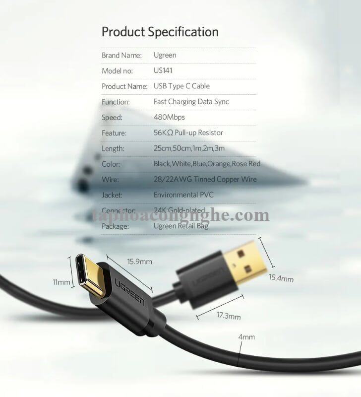 Ugreen 30158 0.5M màu đen Dây USB 2.0 sang Type-C truyền dữ liệu và sạc US141 30030158